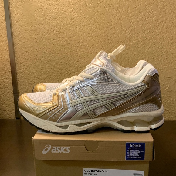 Asics Gel-Kayano 14 White and Gold Running Shoes - Picture 1 of 3